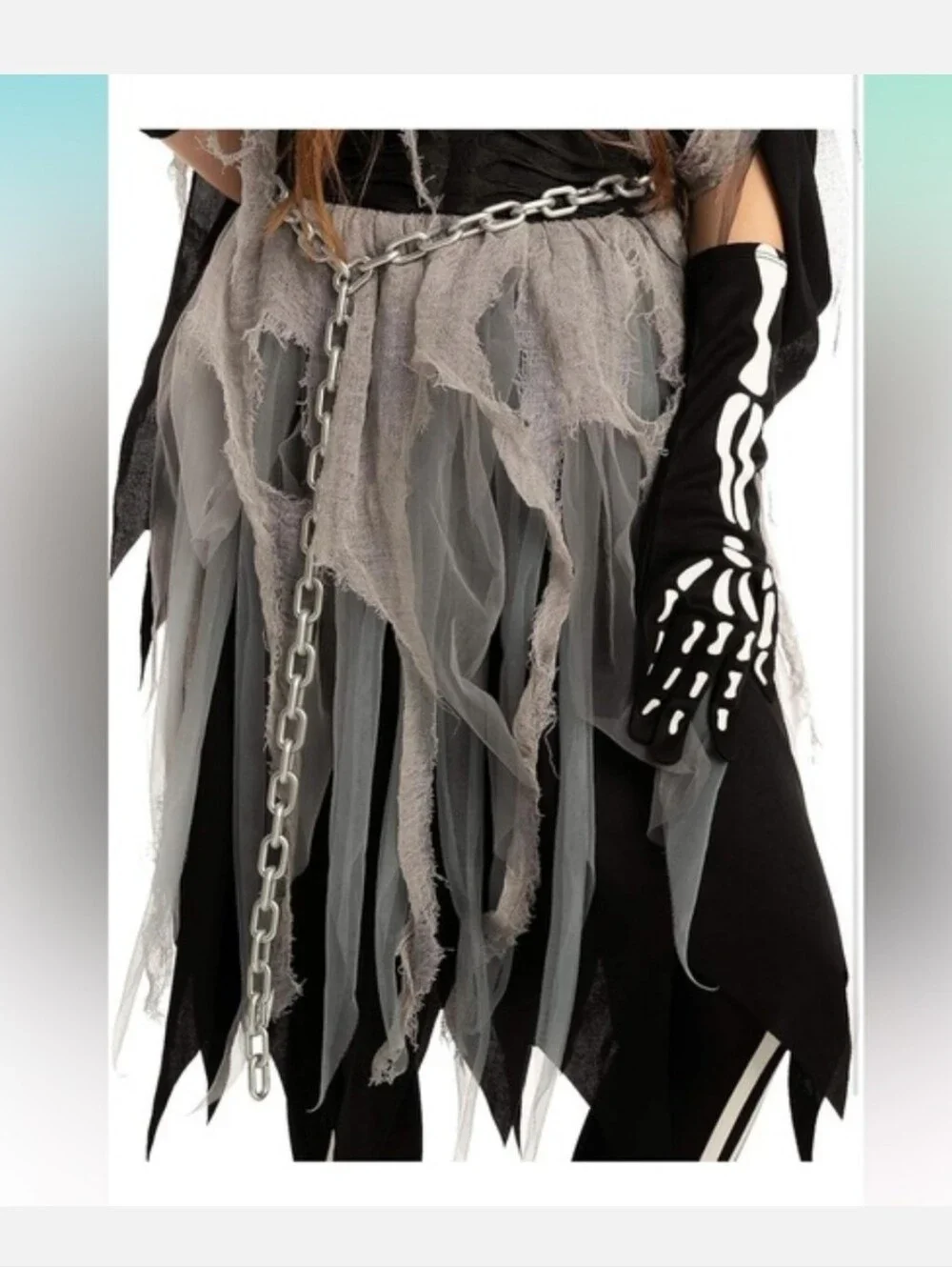 Girls Reaper Costume Rip Chains Hood Gloves Tights Glow In dark Skeleton, 8-10